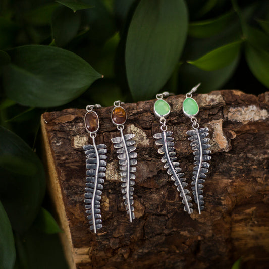 Two pairs of silver fern earrings! Bright chrysoprase paired with warm orange kyanite