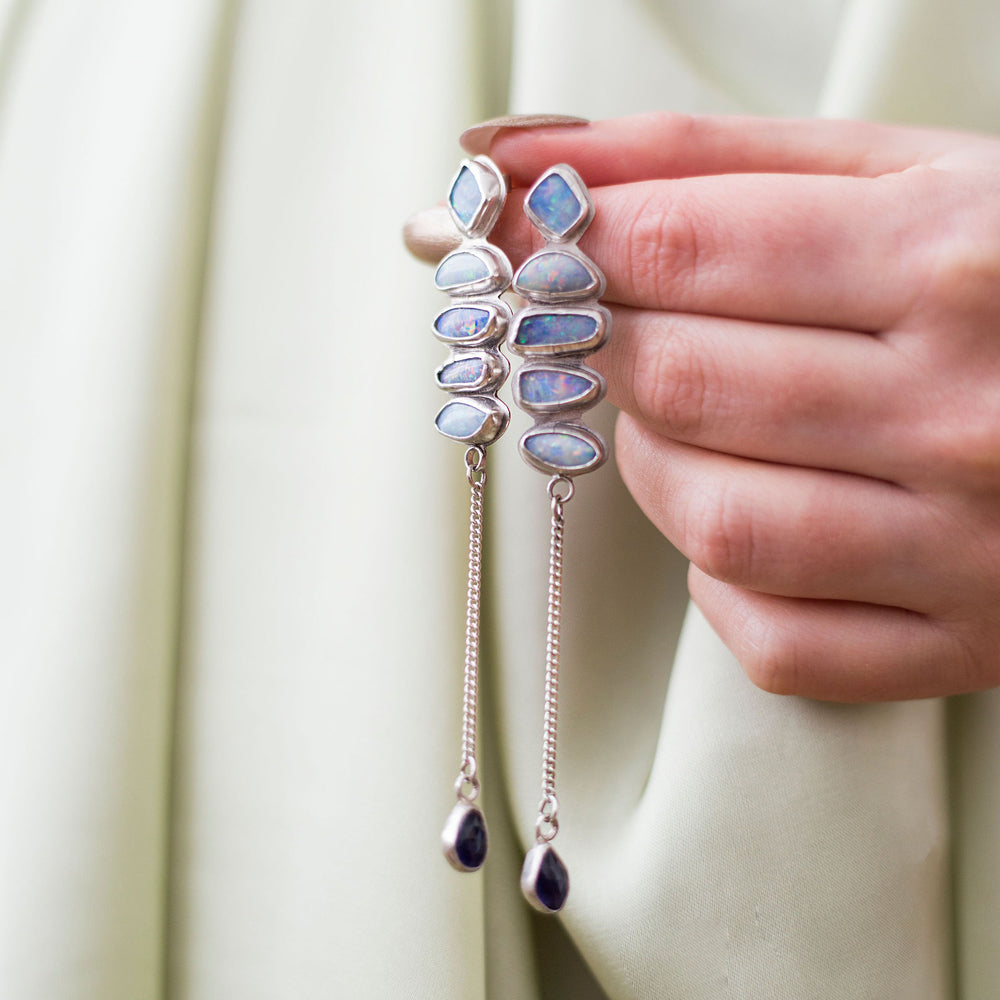 Enchanted Twilight Earrings: Coober Pedy Opal Doublets & Iolite