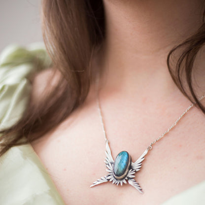 Radiant Grace Necklace – Sterling Silver Winged Pendant with Labradorite
