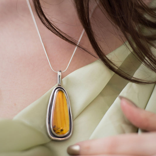 Sunfall Relic - Amber Teardrop Pendant Necklace in Sterling Silver
