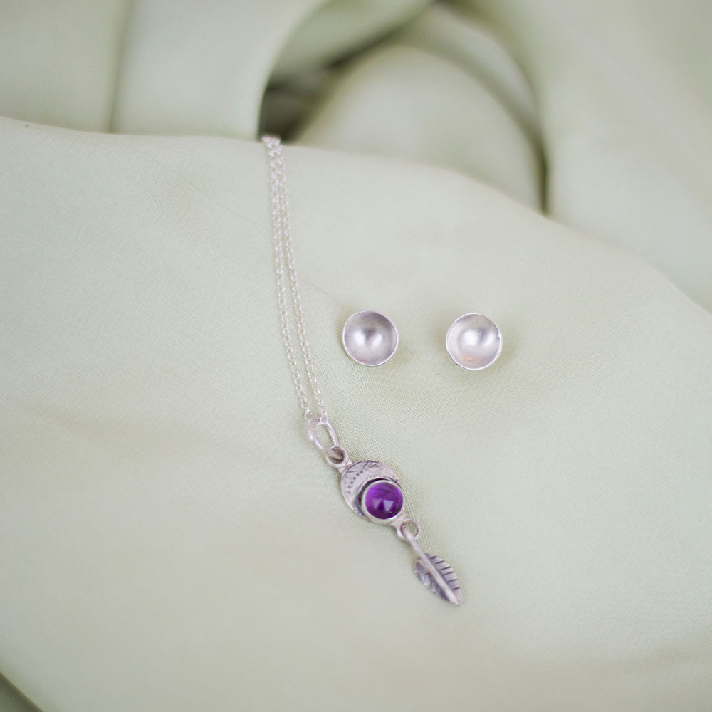 Violet Crossing Relic Pendant - Amethyst and Sterling Silver Leaf Necklace