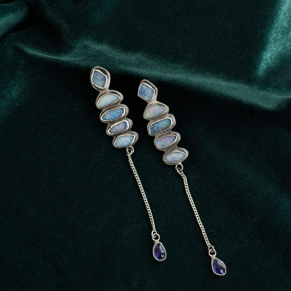 Enchanted Twilight Earrings: Coober Pedy Opal Doublets & Iolite