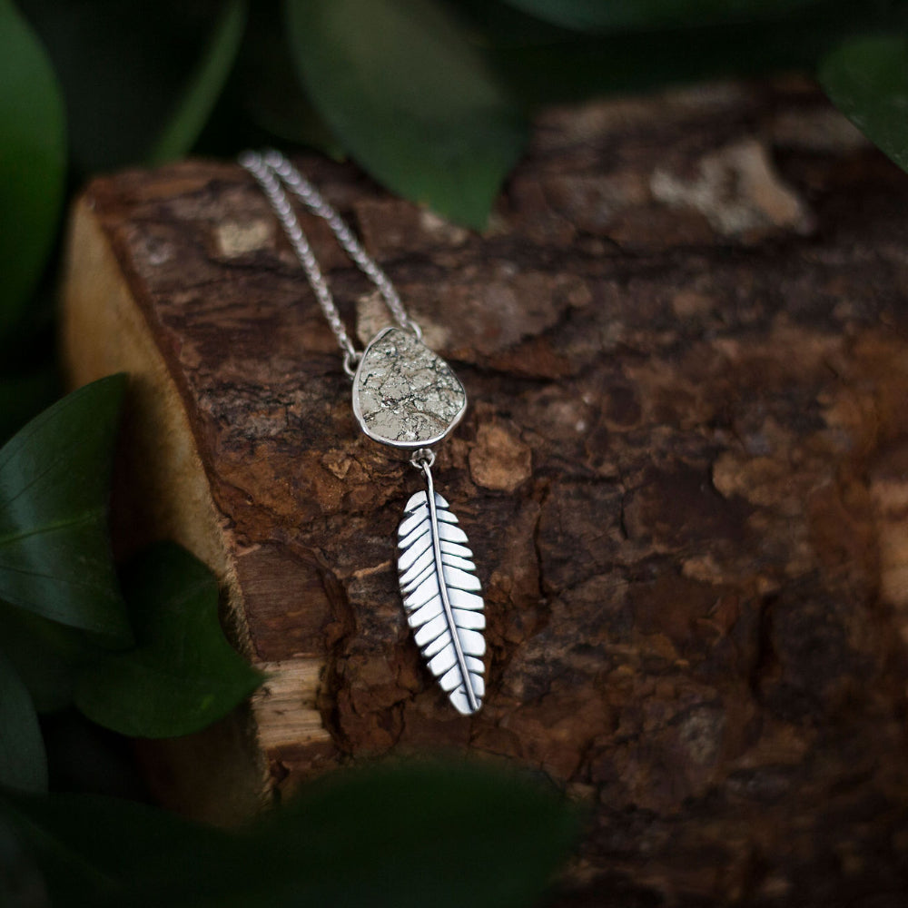 Gilded Path Pendant - Pyrite and Sterling Silver Leaf Necklace