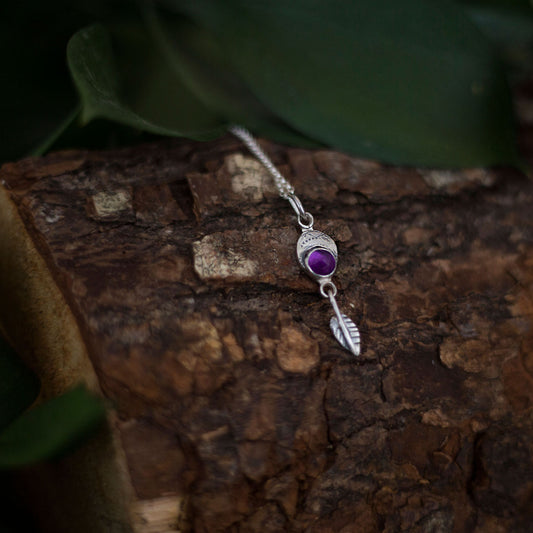 Violet Crossing Relic Pendant - Amethyst and Sterling Silver Leaf Necklace