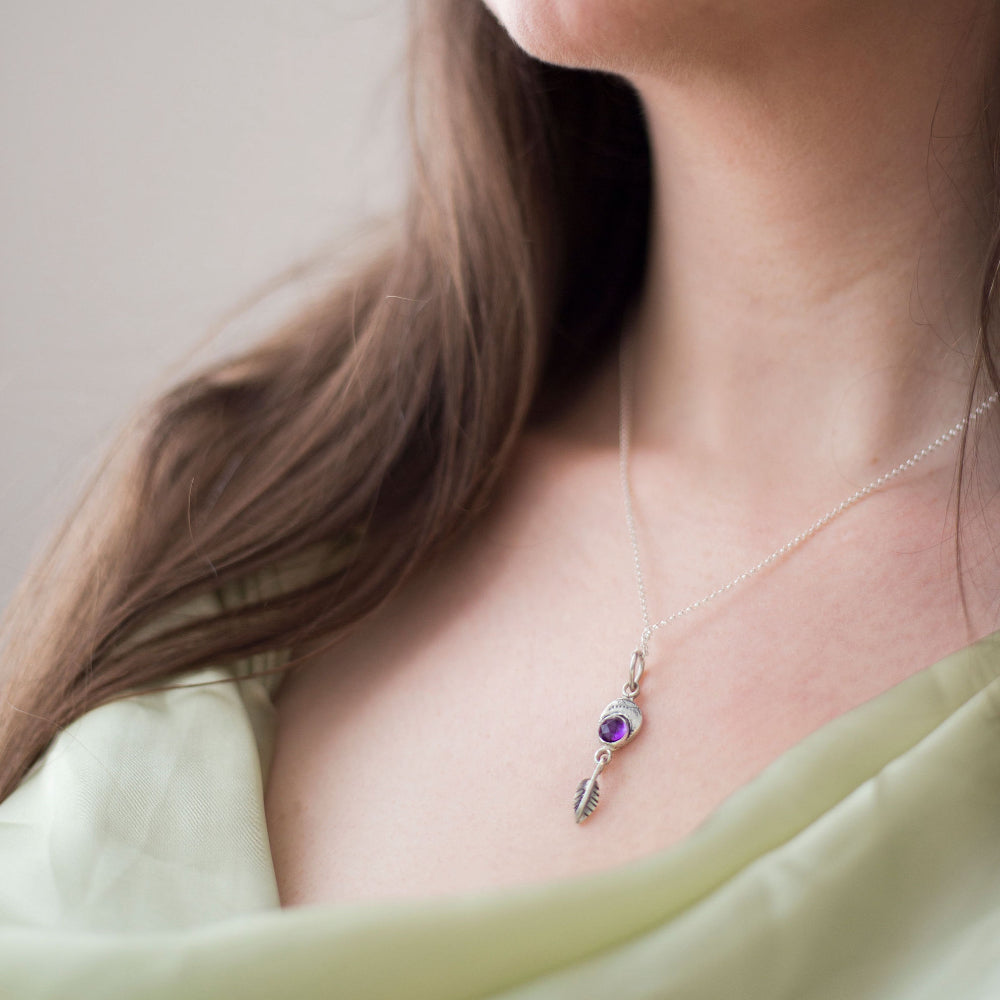 Violet Crossing Relic Pendant - Amethyst and Sterling Silver Leaf Necklace