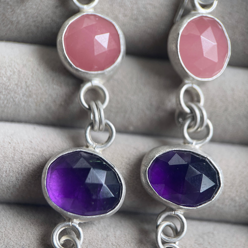 Guava quartz and amethyst drop earrings